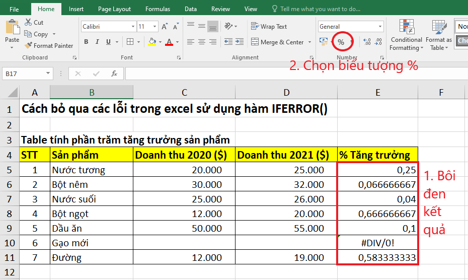 chuyển kiểu định dạng thành phần trăm trong excel