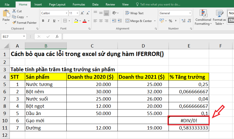 lỗi div trong excel không có dữ liệu