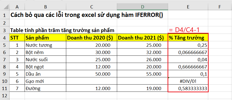 áp dụng công thức trong table