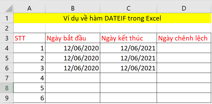 Ví dụ mẫu áp dụng hàm DATEDIF trong Excel
